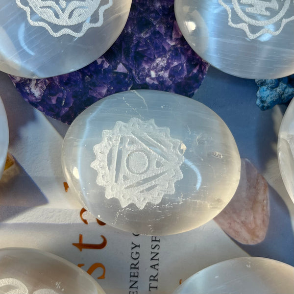 Selenite Etched Chakra Palmstones  - Cleansing & Purification