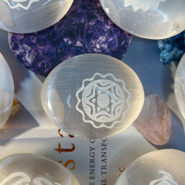 Selenite Etched Chakra Palmstones  - Cleansing & Purification