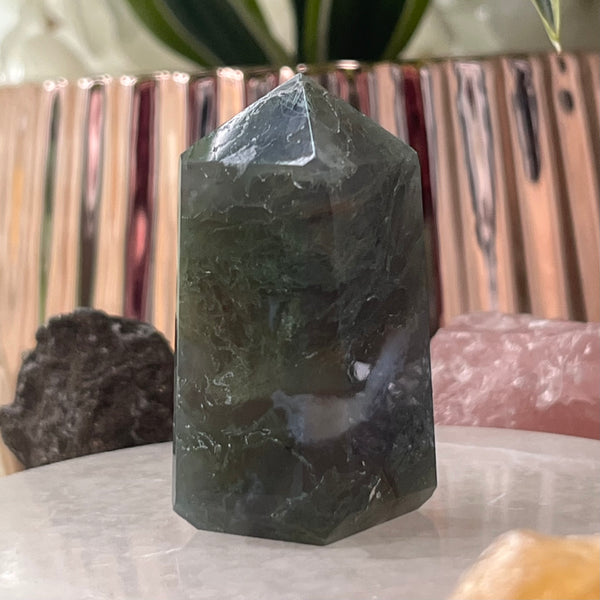 Moss Agate Obelisk- Optimism & Courage