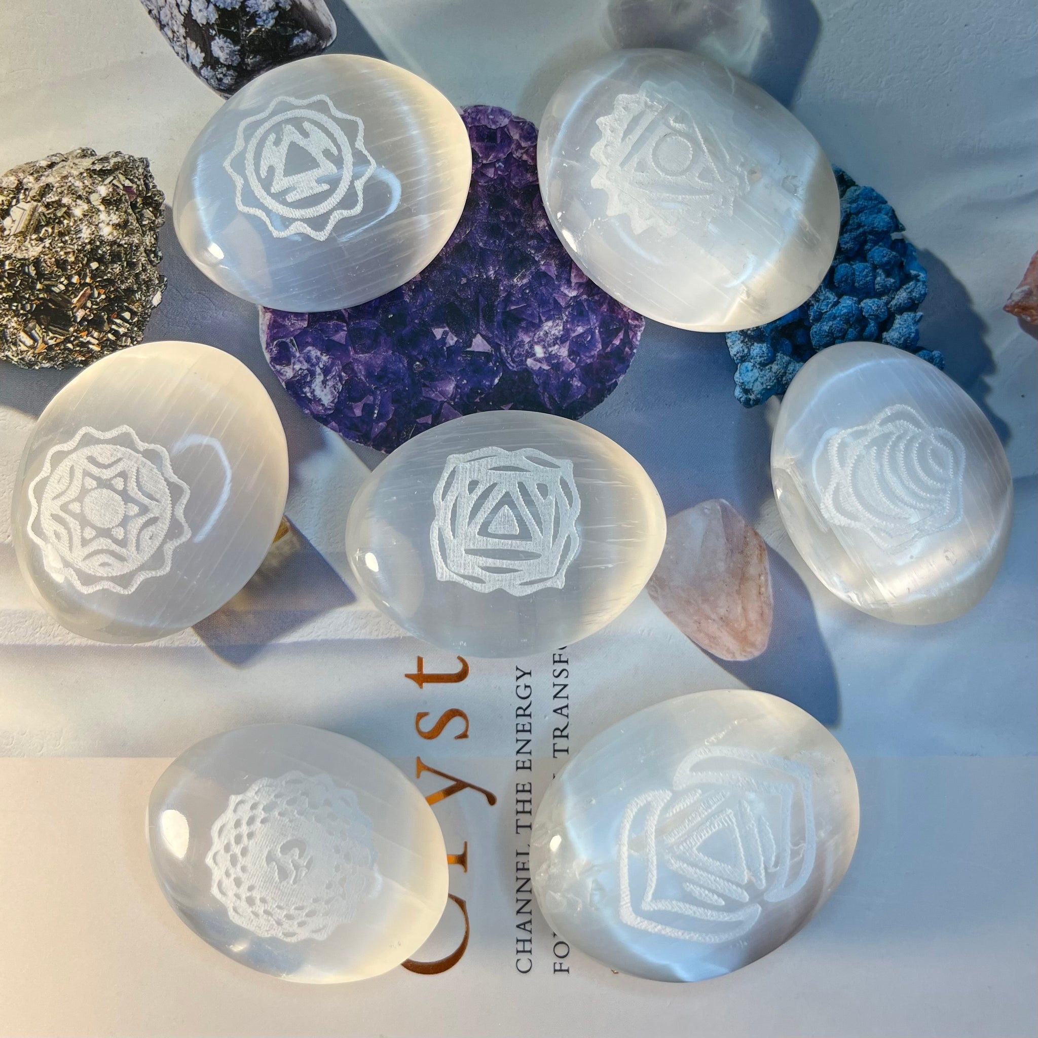 Selenite Etched Chakra Palmstones  - Cleansing & Purification