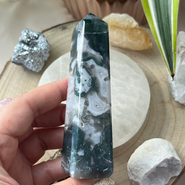 Moss Agate Obelisk- Optimism & Courage