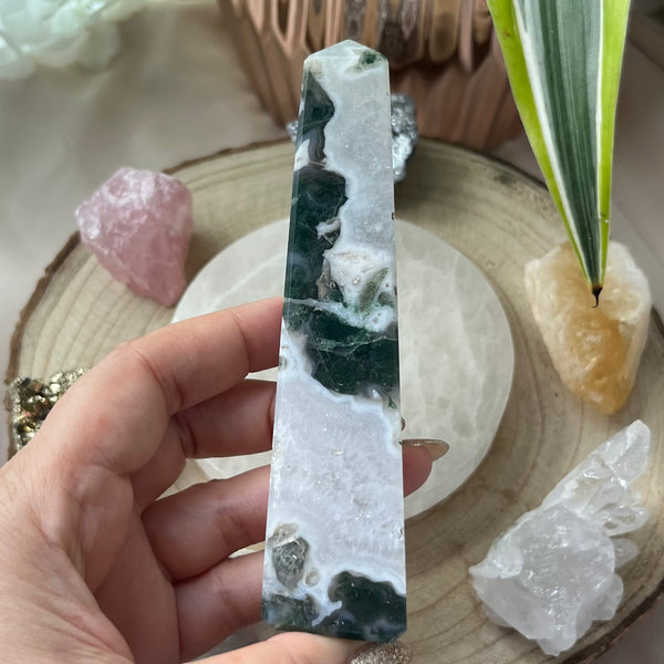 Moss Agate Obelisk- Optimism & Courage