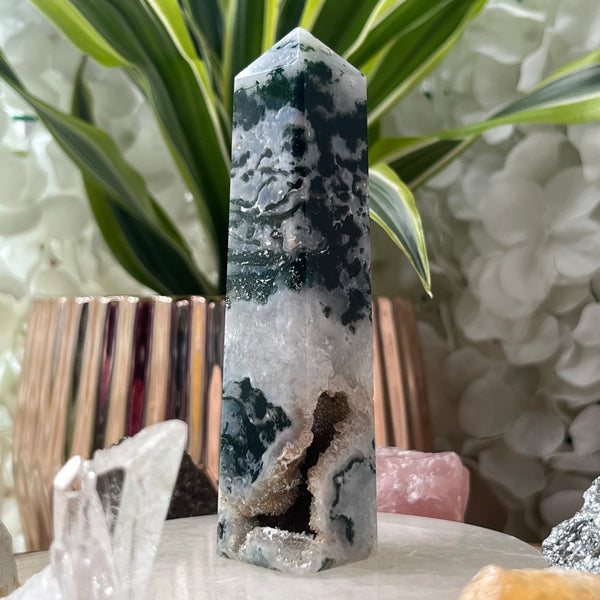 Moss Agate Obelisk- Optimism & Courage