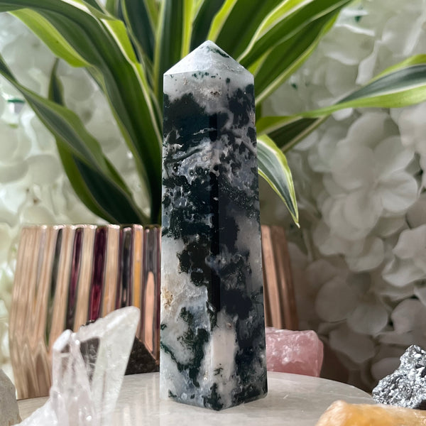 Moss Agate Obelisk- Optimism & Courage