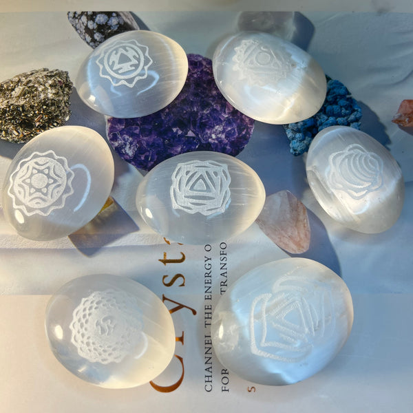 Selenite Etched Chakra Palmstones  - Cleansing & Purification