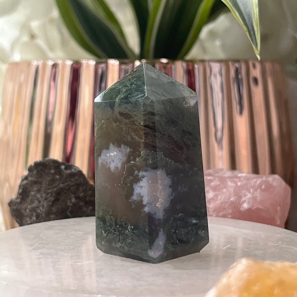 Moss Agate Obelisk- Optimism & Courage