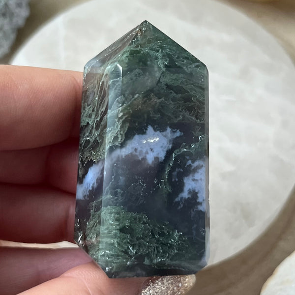 Moss Agate Obelisk- Optimism & Courage