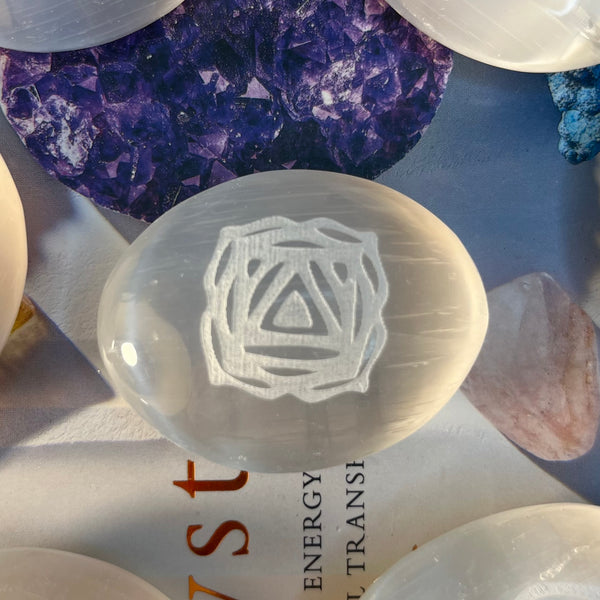 Selenite Etched Chakra Palmstones  - Cleansing & Purification