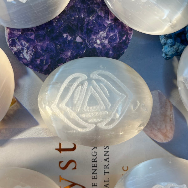 Selenite Etched Chakra Palmstones  - Cleansing & Purification