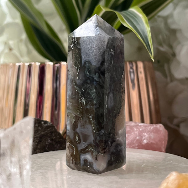 Moss Agate Obelisk- Optimism & Courage