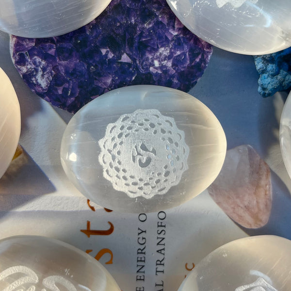 Selenite Etched Chakra Palmstones  - Cleansing & Purification