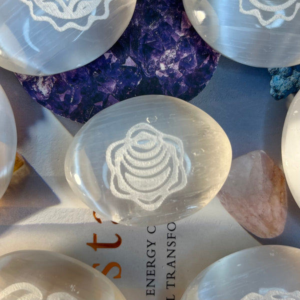 Selenite Etched Chakra Palmstones  - Cleansing & Purification