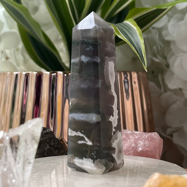 Moss Agate Obelisk- Optimism & Courage