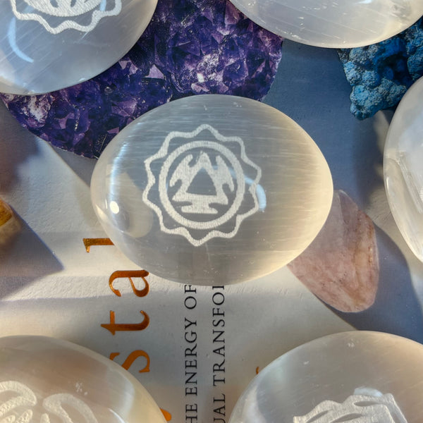 Selenite Etched Chakra Palmstones  - Cleansing & Purification