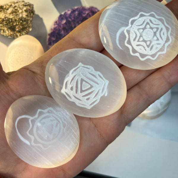 Selenite Etched Chakra Palmstones  - Cleansing & Purification