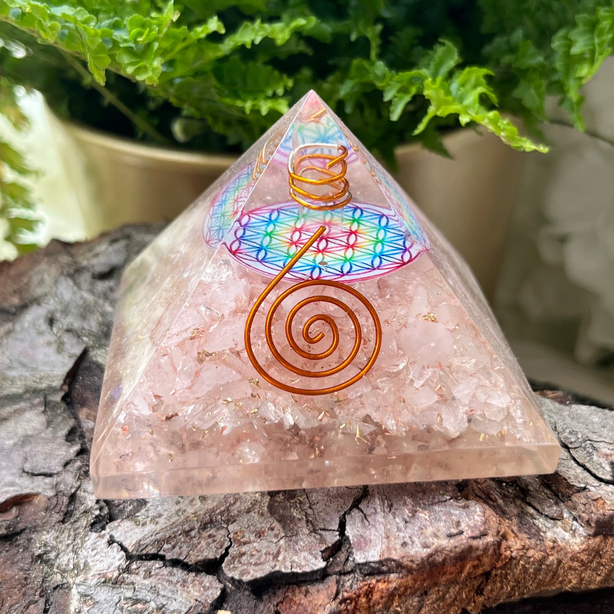 Rose Quartz Flower Of Life Orgonite Pyramid