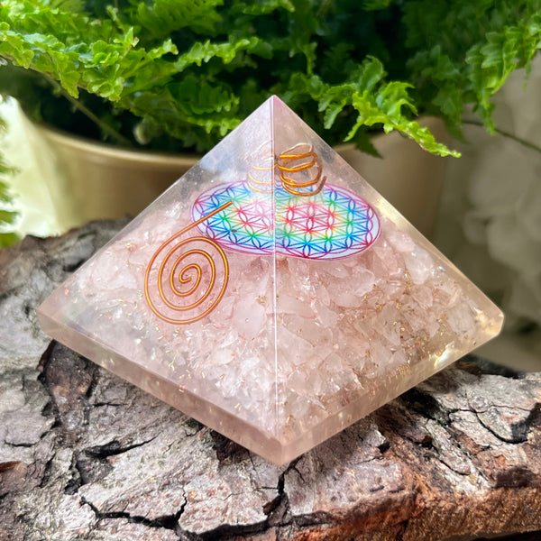 Rose Quartz Flower Of Life Orgonite Pyramid